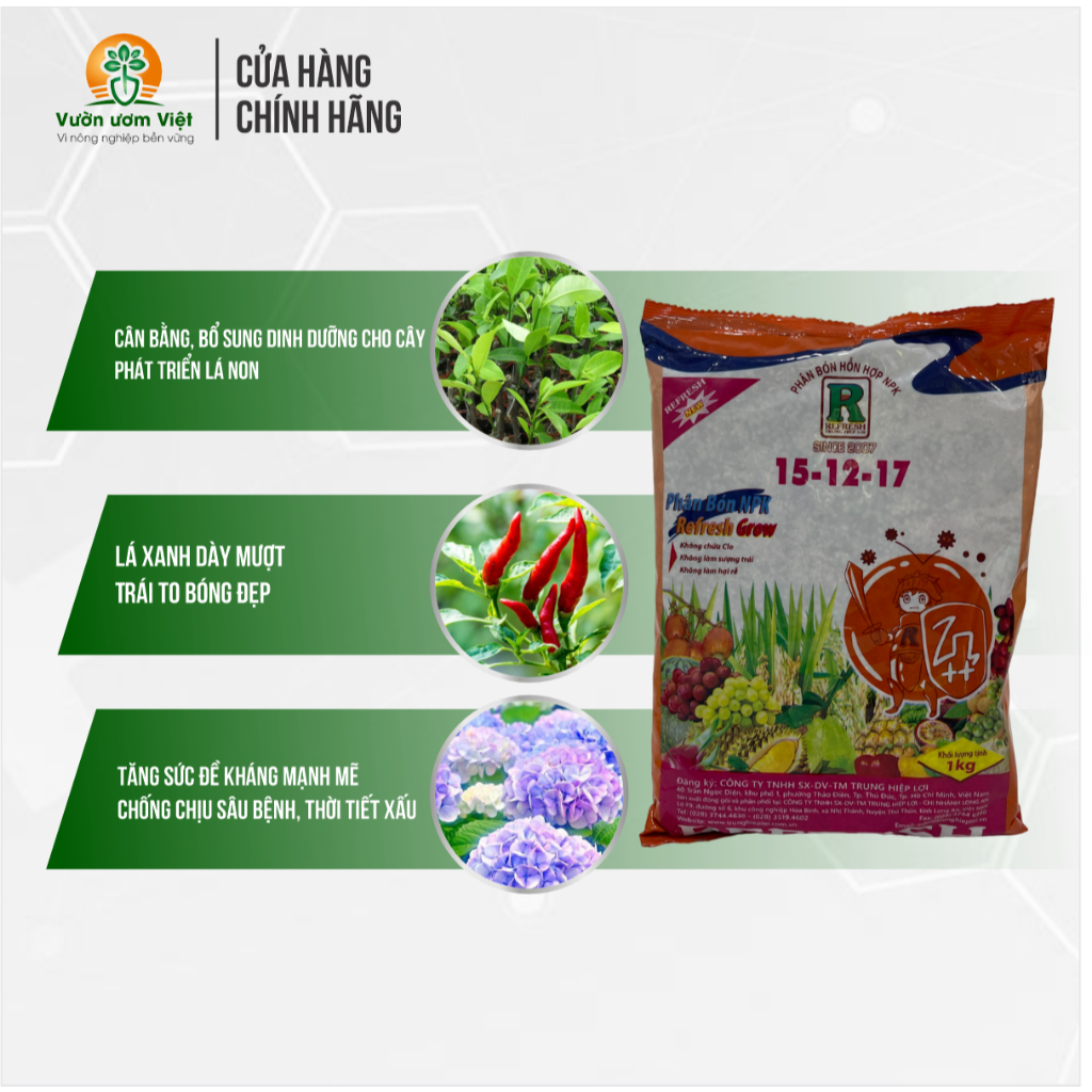 Phân bón 15-12-17 Refresh Gold đa năng giúp tăng trưởng cây trồng hiệu quả - 1Kg
