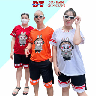 Bộ đồ nam nữ cộc tay mặc hè phối màu trẻ trung thể thao mặc nhà tập gym ,bộ bé in hoạt hình LABU kẻ sọc viền - SSL