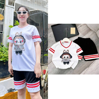 Bộ đồ nam nữ cộc tay mặc hè phối màu trẻ trung thể thao mặc nhà tập gym ,bộ bé in hoạt hình LABU kẻ sọc viền - SSL