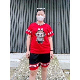 Bộ đồ nam nữ cộc tay mặc hè phối màu trẻ trung thể thao mặc nhà tập gym ,bộ bé in hoạt hình LABU kẻ sọc viền - SSL