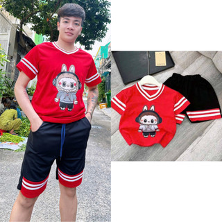 Bộ đồ nam nữ cộc tay mặc hè phối màu trẻ trung thể thao mặc nhà tập gym ,bộ bé in hoạt hình LABU kẻ sọc viền - SSL