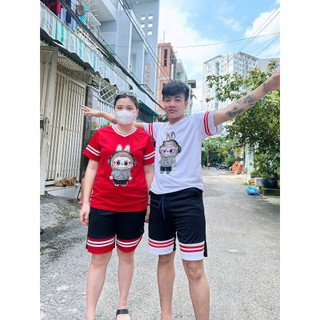 Bộ đồ nam nữ cộc tay mặc hè phối màu trẻ trung thể thao tập gym ,bộ bé in hoạt hình LABU kẻ sọc viền - SSL