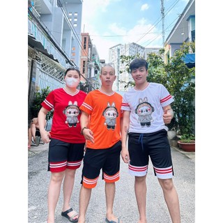 Bộ đồ nam nữ cộc tay mặc hè phối màu trẻ trung thể thao tập gym ,bộ bé in hoạt hình LABU kẻ sọc viền - SSL