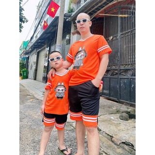 Bộ đồ nam nữ cộc tay mặc hè phối màu trẻ trung thể thao tập gym ,bộ bé in hoạt hình LABU kẻ sọc viền - SSL
