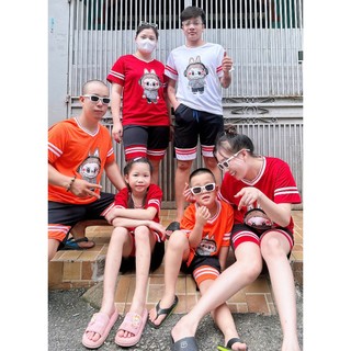 Bộ đồ nam nữ cộc tay mặc hè phối màu trẻ trung thể thao tập gym ,bộ bé in hoạt hình LABU kẻ sọc viền - SSL