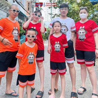 Bộ đồ nam nữ cộc tay mặc hè phối màu trẻ trung thể thao tập gym ,bộ bé in hoạt hình LABU kẻ sọc viền - SSL