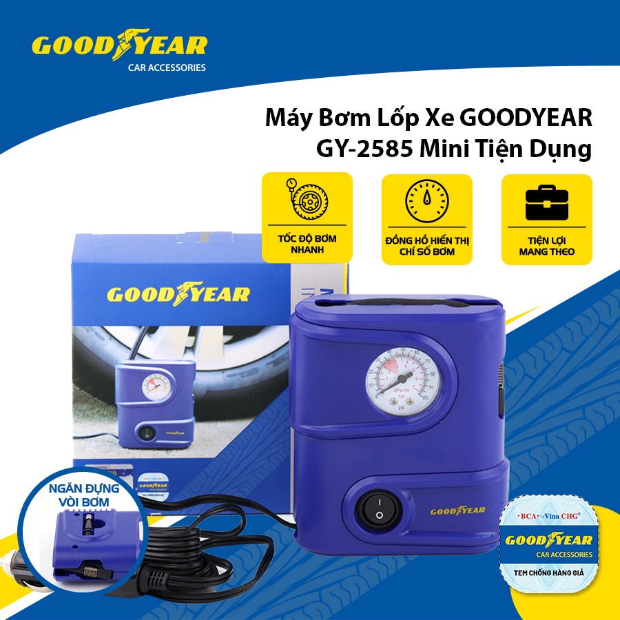Máy Bơm Lốp Xe Ô Tô Xe Hơi Xe Máy GOODYEAR GY-2585 Mini Tiện Lợi Có Thể Đem Đi Bất Kì Nơi Khi Gặp Sự Cố