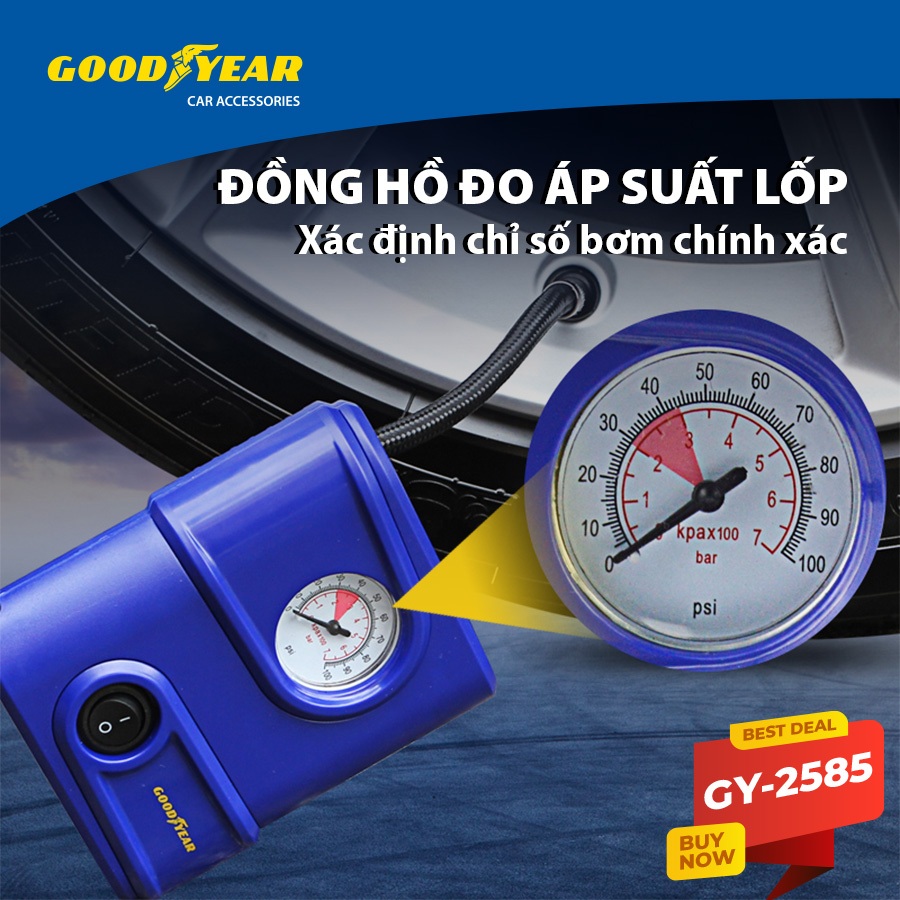 Máy Bơm Lốp Xe Ô Tô Xe Hơi Xe Máy GOODYEAR GY-2585 Mini Tiện Lợi Có Thể Đem Đi Bất Kì Nơi Khi Gặp Sự Cố
