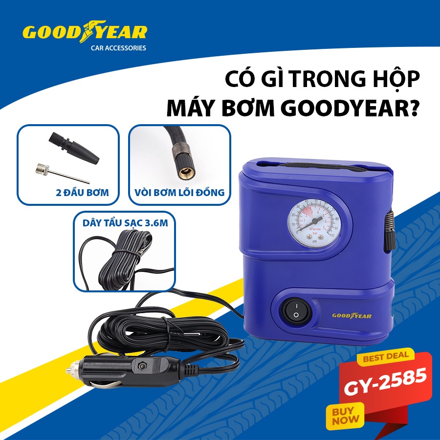 Máy Bơm Lốp Xe Ô Tô Xe Hơi Xe Máy GOODYEAR GY-2585 Mini Tiện Lợi Có Thể Đem Đi Bất Kì Nơi Khi Gặp Sự Cố