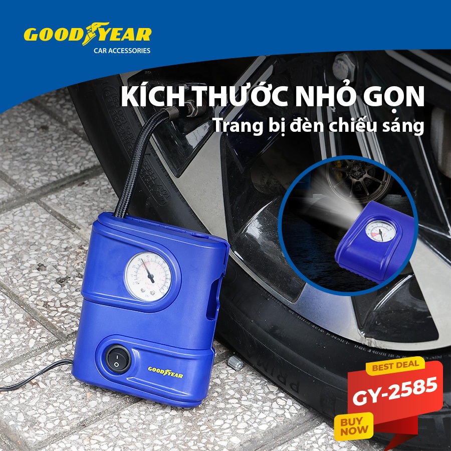 Máy Bơm Lốp Xe Ô Tô Xe Hơi Xe Máy GOODYEAR GY-2585 Mini Tiện Lợi Có Thể Đem Đi Bất Kì Nơi Khi Gặp Sự Cố
