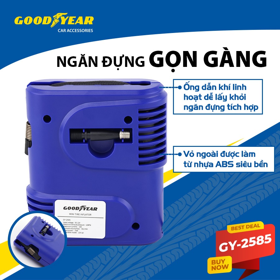 Máy Bơm Lốp Xe Ô Tô Xe Hơi Xe Máy GOODYEAR GY-2585 Mini Tiện Lợi Có Thể Đem Đi Bất Kì Nơi Khi Gặp Sự Cố