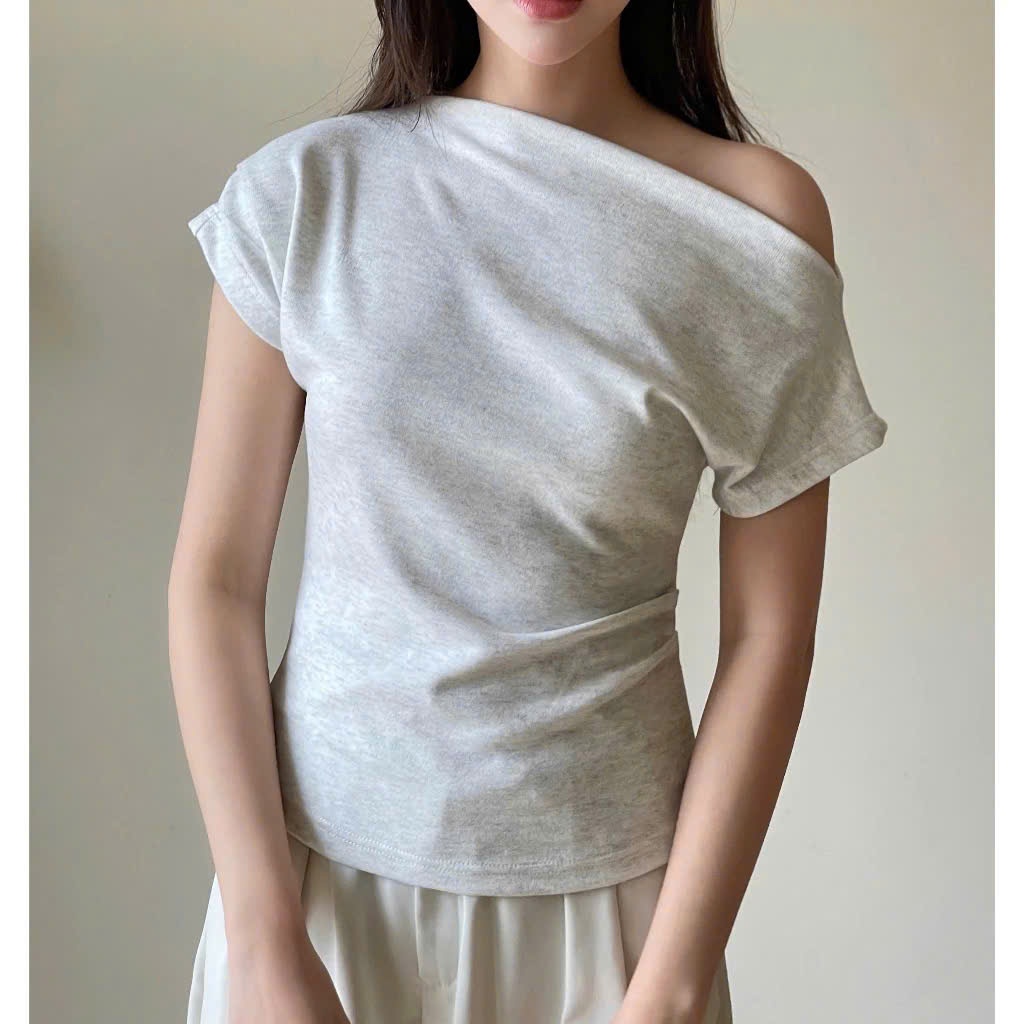 Áo thun nữ lệch vai xếp ly cánh rơi sườn nhún eo điệu đà form vừa chất vải lông thỏ cao cấp A383 SUTANO | BigBuy360 - bigbuy360.vn