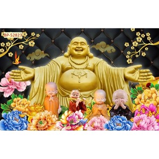 Tranh dán tường thần tài di lặc, tranh cây kim tiên, tranh 3D dán tường in trên chất liệu vải lụa(shop tặng kèm keo dán)