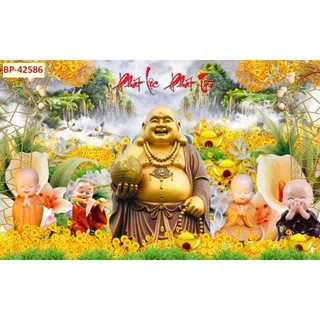 Tranh dán tường thần tài di lặc, tranh cây kim tiên, tranh 3D dán tường in trên chất liệu vải lụa(shop tặng kèm keo dán)