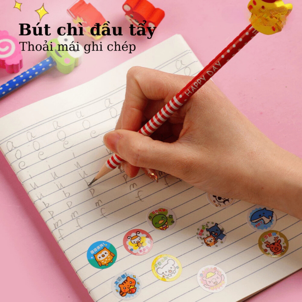 Bút chì gỗ đầu tẩy hoạt hình cute đáng yêu, Bút chì tập viết 2B đa năng ngòi 2.5mm hạn chế gãy BC01