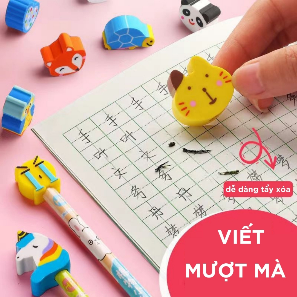 Bút chì gỗ đầu tẩy hoạt hình cute đáng yêu, Bút chì tập viết 2B đa năng ngòi 2.5mm hạn chế gãy BC01