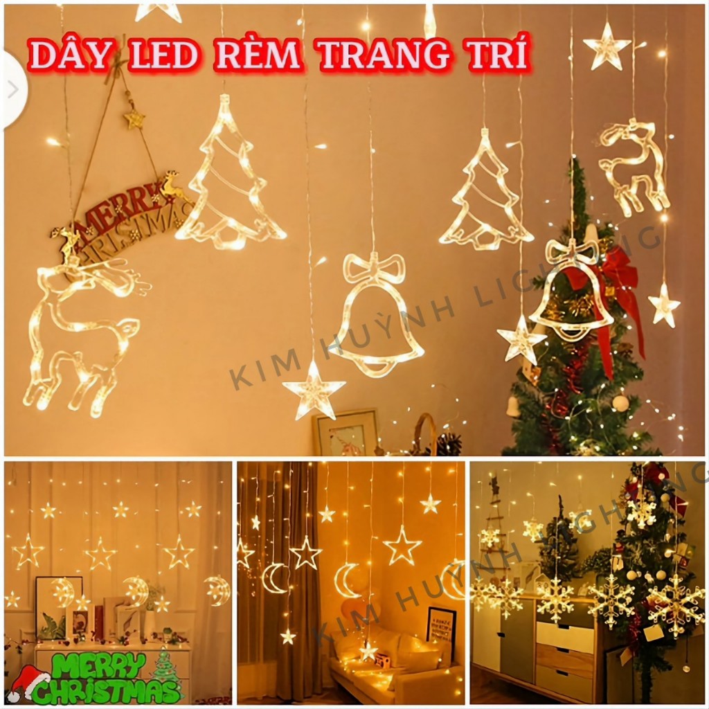 Dây đèn LED nháy rèm kiểu trăng sao, trang trí Giáng Sinh Noen Lễ Tết ...