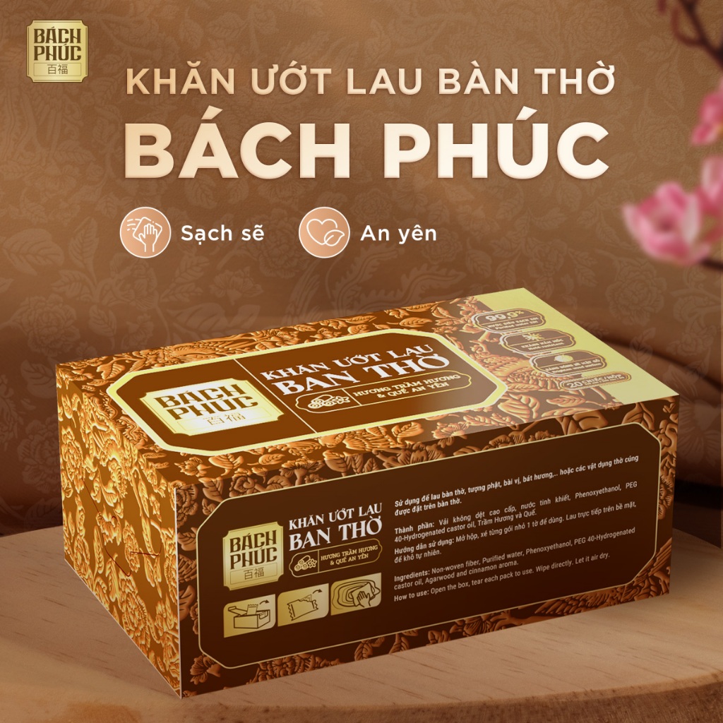 Ảnh -Khăn lau ban thờ Bách Phúc, hộp 20 gói khăn ướt bao sái lau ban thờ mùi hương trầm và hương quế 2