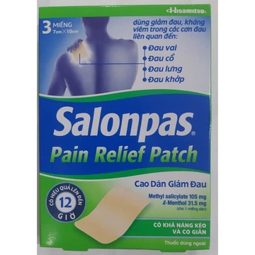 Cao dán giảm đau Salonpas Pain Relief Patch Hisamitsu, hộp 3 miếng ( 7cm x 10cm).