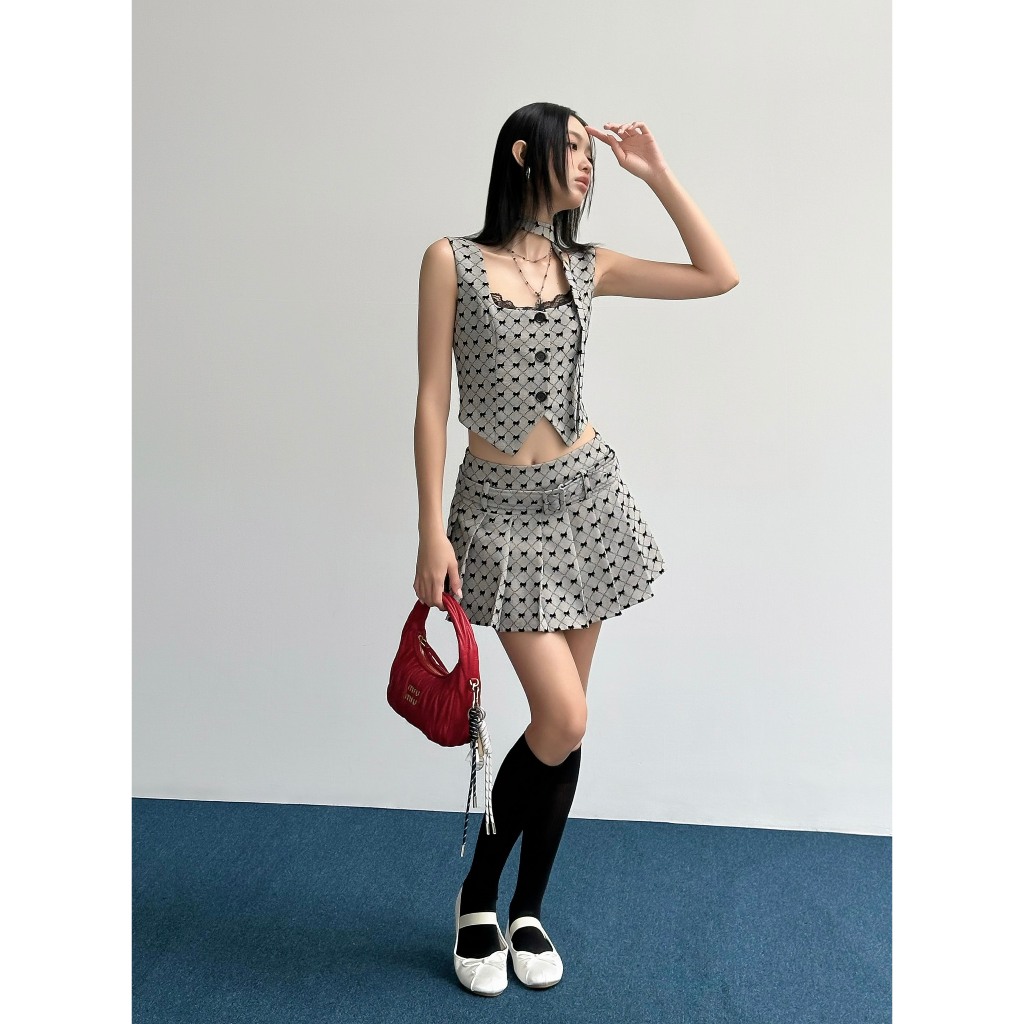 Chân Váy Ngắn Xếp Ly Phối Dây Lưng Màu Xám Nơ Aria Skirt - HOO DESIGN