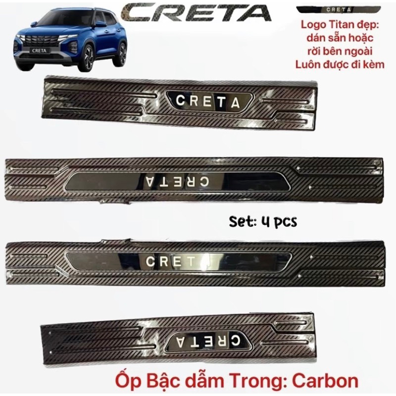 Ốp bậc cửa, chống trầy cốp xe Huyndai Creta 2022-2024 vân Carbon cao cấp