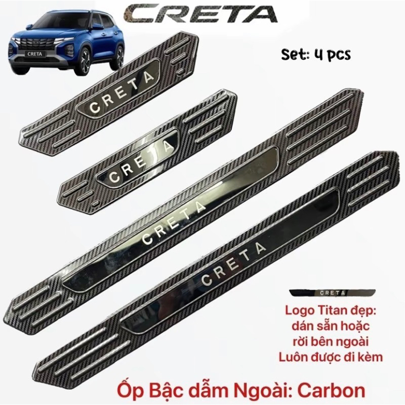 Ốp bậc cửa, chống trầy cốp xe Huyndai Creta 2022-2024 vân Carbon cao cấp