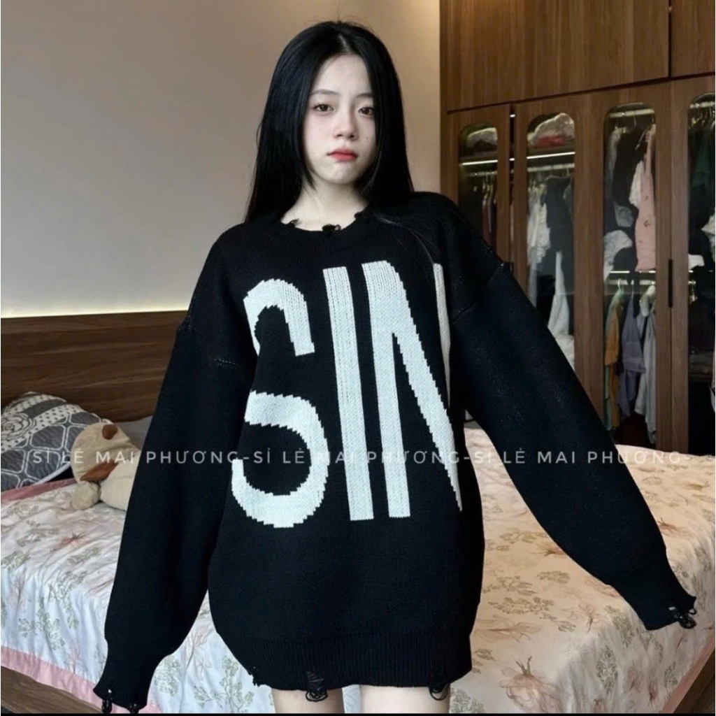 Áo Len Dệt Kim From Rộng Dệt Chữ SIN Chất Len Lông Xù From Dáng Thụng Cao Cấp