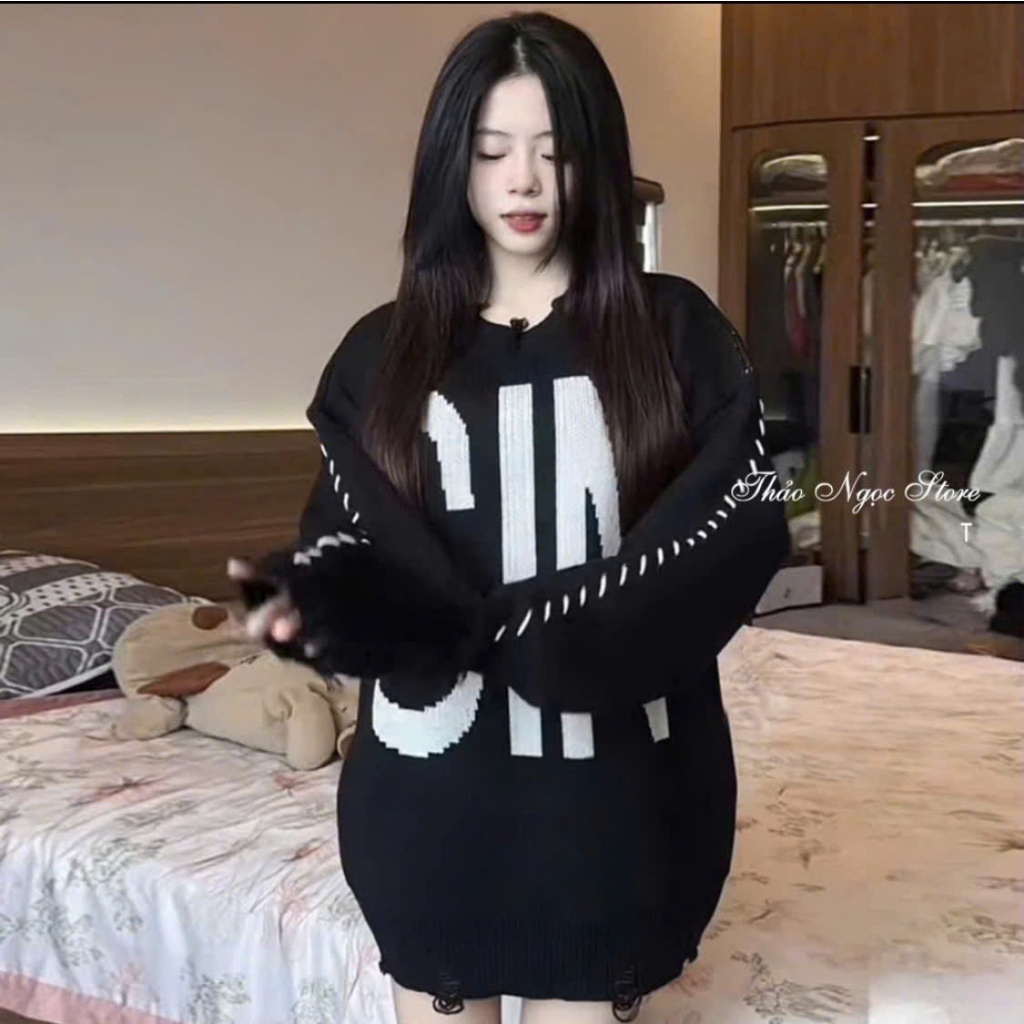 Áo Len Dệt Kim From Rộng Dệt Chữ SIN Chất Len Lông Xù From Dáng Thụng Cao Cấp