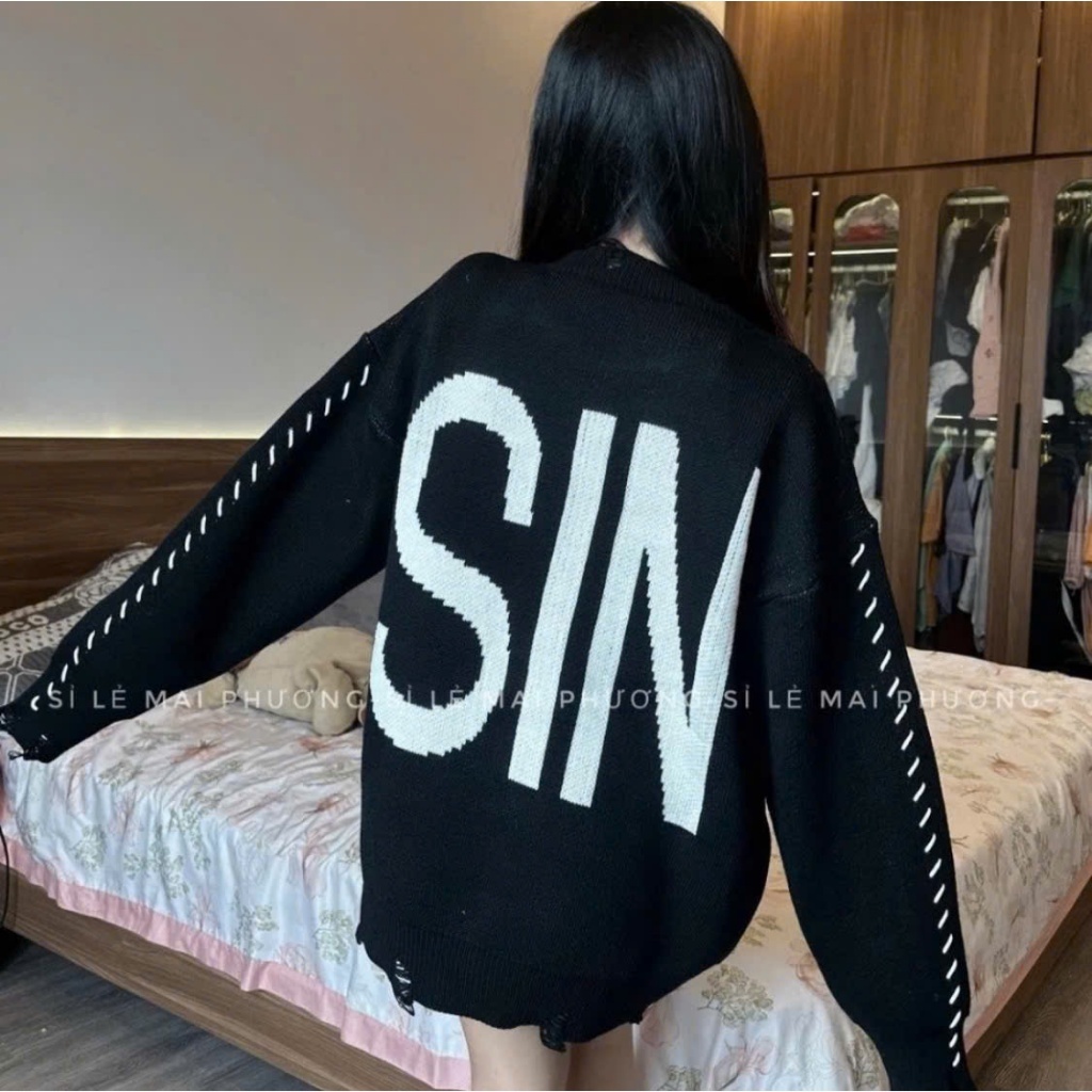 Áo Len Dệt Kim From Rộng Dệt Chữ SIN Chất Len Lông Xù From Dáng Thụng Cao Cấp