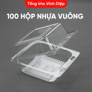 .100 hộp nhựa vuông HH5 dùng 1 lần đựng bánh bông lan trứng muối, hộp nhựa trong