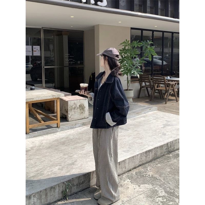 [ HÀNG ORDER]áo khoác denim lót vải kẻ sọc nhẹ nhàng sang trọng xanh đen