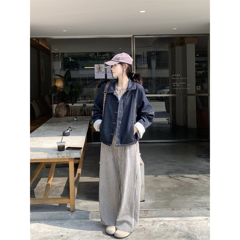 [ HÀNG ORDER]áo khoác denim lót vải kẻ sọc nhẹ nhàng sang trọng xanh đen
