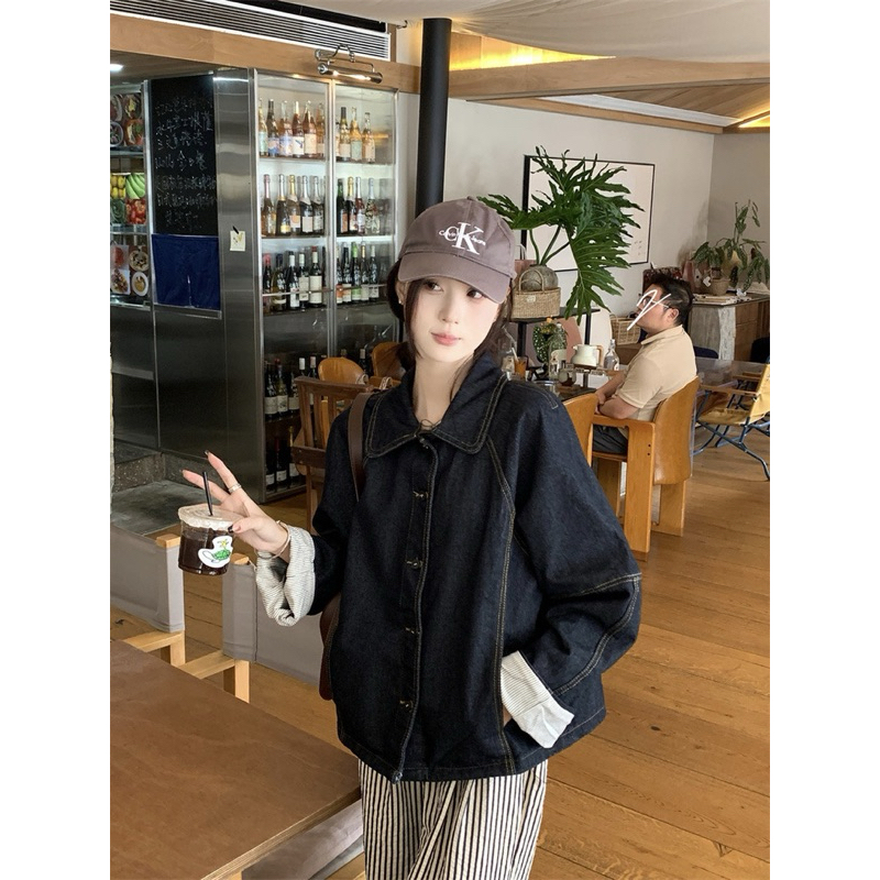 [ HÀNG ORDER]áo khoác denim lót vải kẻ sọc nhẹ nhàng sang trọng xanh đen