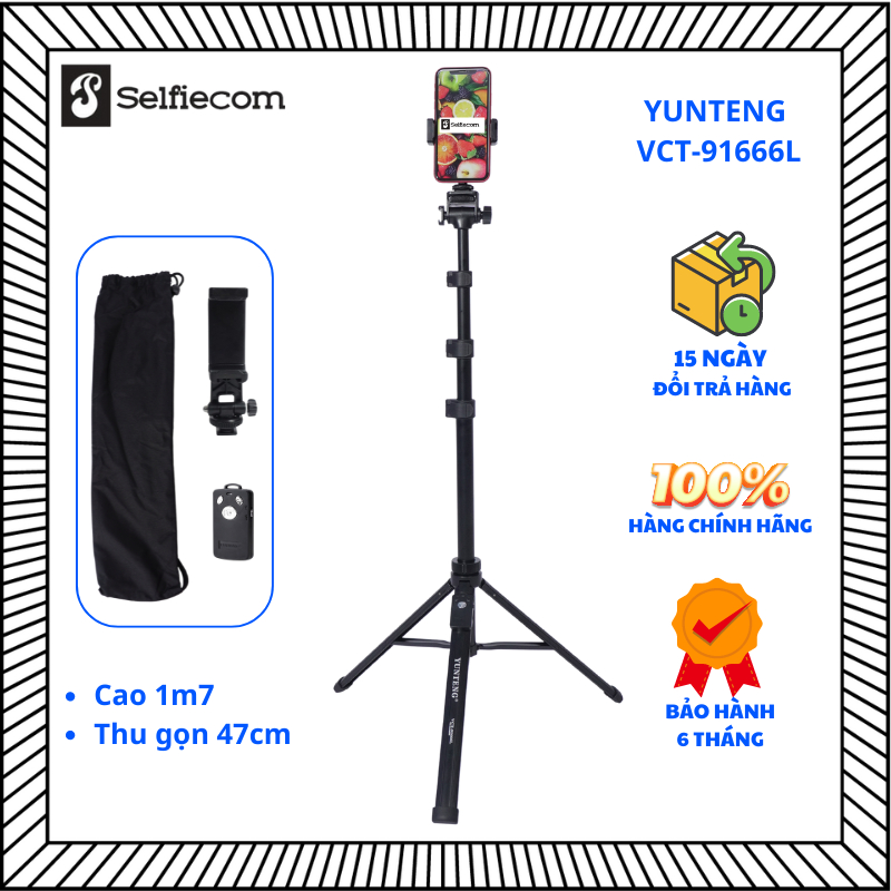 Gậy chụp ảnh điện thoại Yunteng VCT 91666L - Phụ kiện tích hợp chân tripod và cằm tay selfie nhỏ gọn tiện lợi
