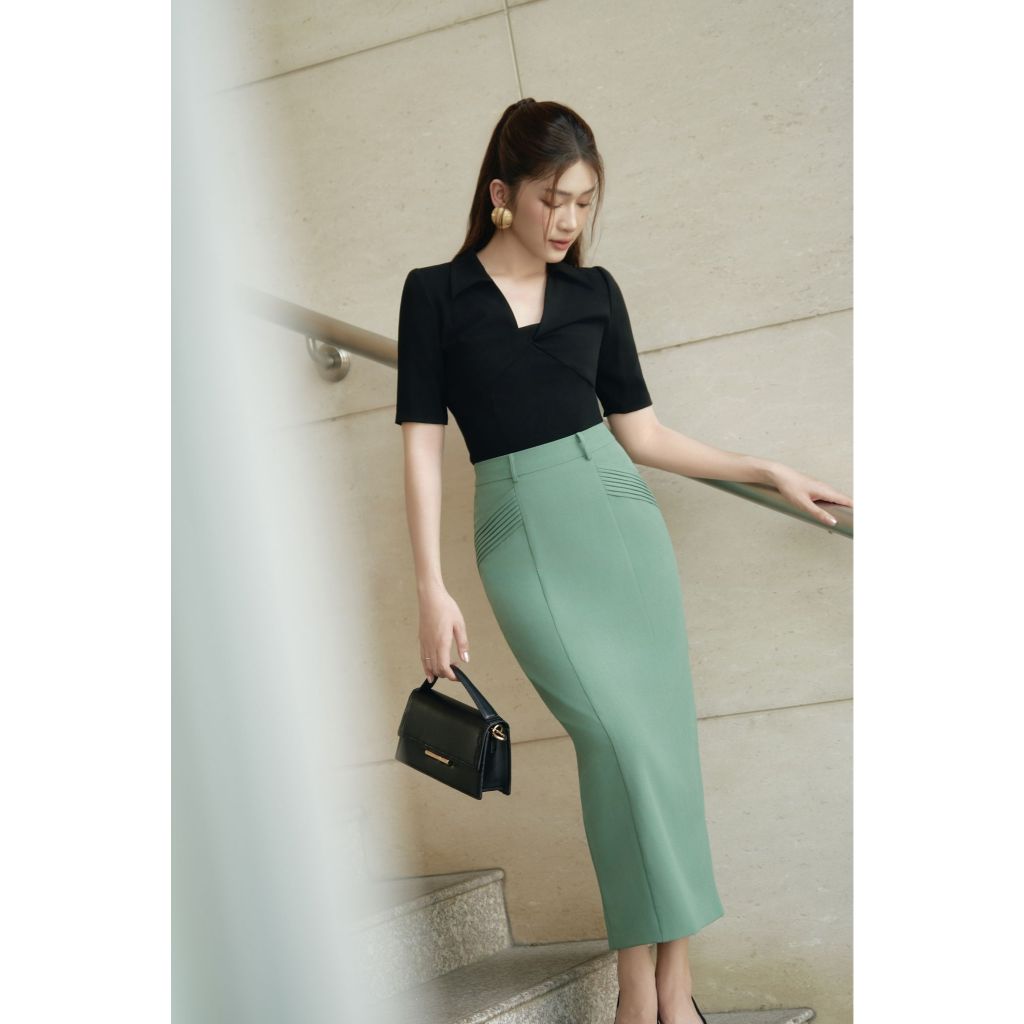 Vella Fashion - Set áo peplum tay ngắn và chân váy midi xếp ly túi xẻ sau VA24069 VV24070
