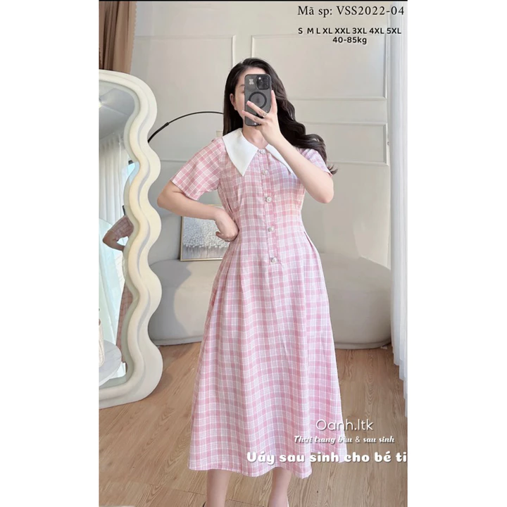 Váy cho con bú giấu bụng sau sinh OanhLTK Váy cho con ti kẻ hồng cổ trắng khóa dọc 2 bên 40-85kg