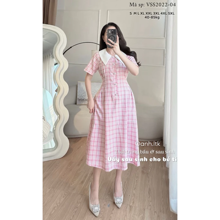 Váy cho con bú giấu bụng sau sinh OanhLTK Váy cho con ti kẻ hồng cổ trắng khóa dọc 2 bên 40-85kg