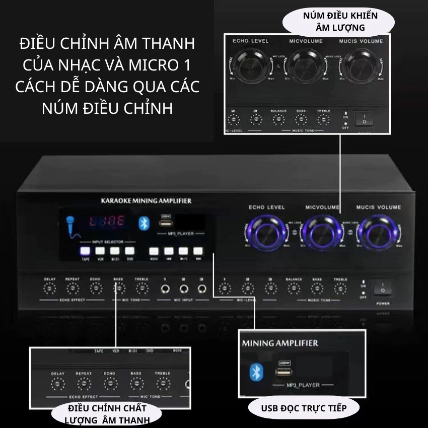 Đẩy liền vang karaoke Gunssi AV 1500 1000W - Âm ly karaoke gia đình công suất khủng, hát karaoke, nghe nhạc chất