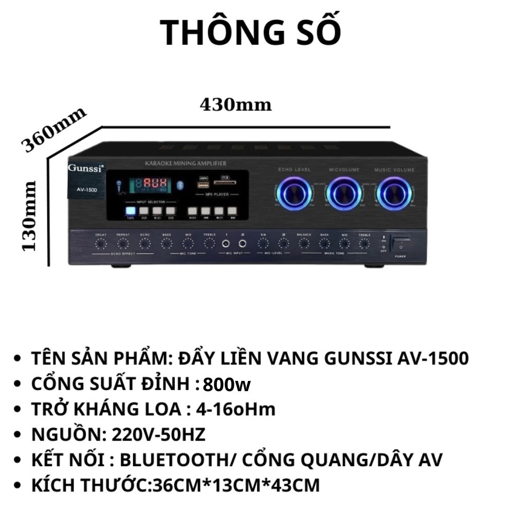 Đẩy liền vang karaoke Gunssi AV 1500 1000W - Âm ly karaoke gia đình công suất khủng, hát karaoke, nghe nhạc chất
