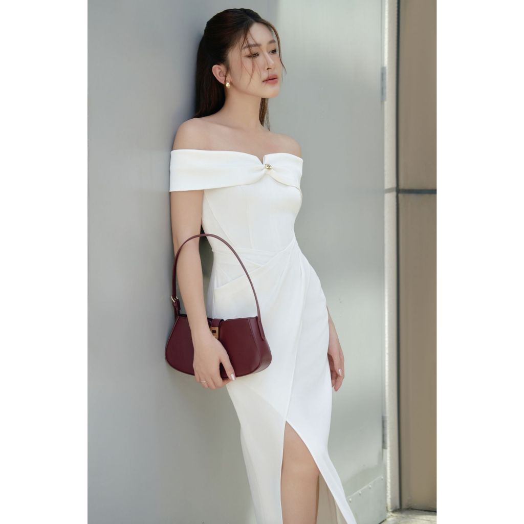 Vella Fashion đầm dự tiệc nữ trễ vai thanh lịch, váy dự tiệc đắp tà VD24067 - LENA dress