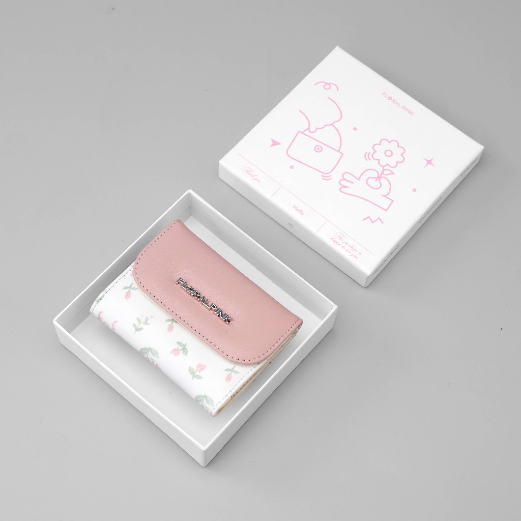 Ví Da PU Cầm Tay Đựng Thẻ Mini Gập Đôi Nam Nữ Mina Bóp Đựng Tiền Hoa Nhí | FLORAL PINK