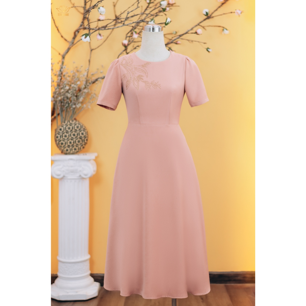 Ảnh Đầm xòe - Cổ tròn kết cườm tay ngắn - Màu Hồng ruốc - TTV Store thời trang nữ TTV1738 1