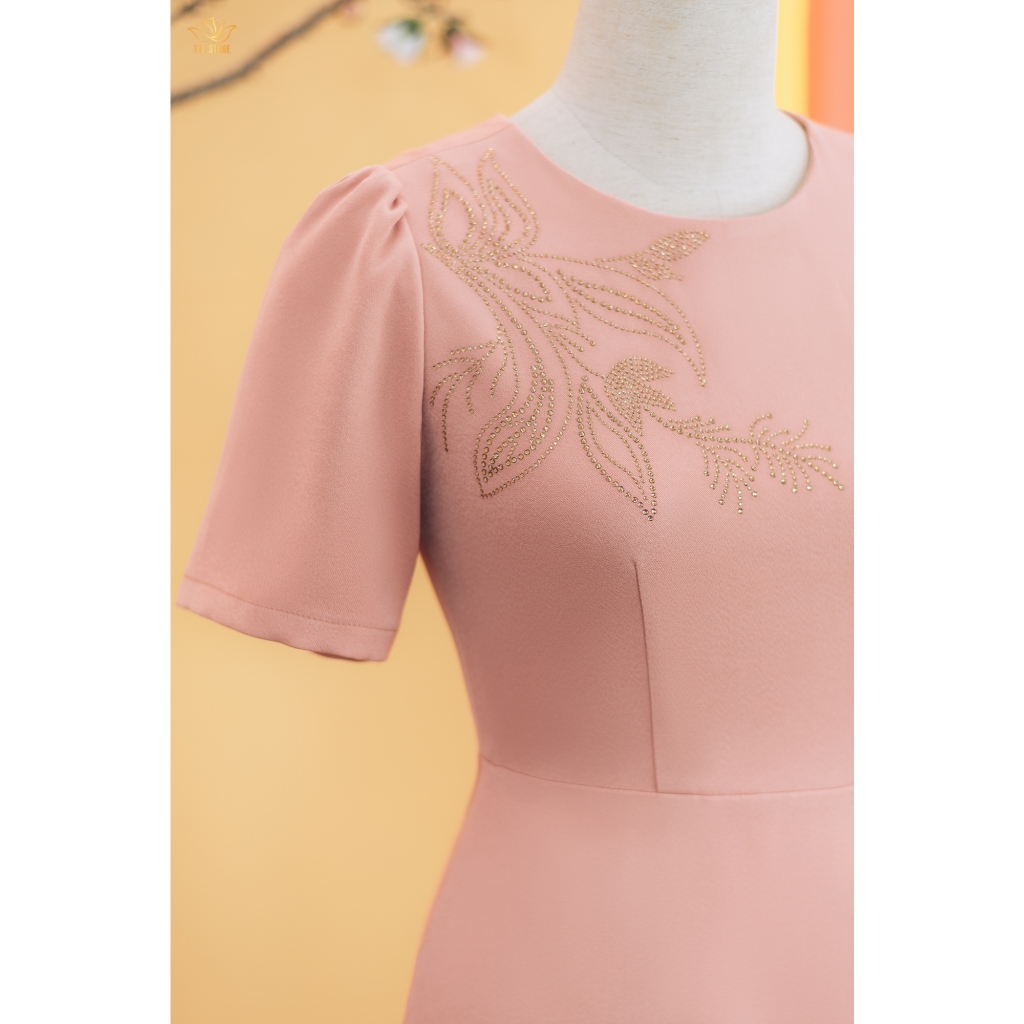 Ảnh Đầm xòe - Cổ tròn kết cườm tay ngắn - Màu Hồng ruốc - TTV Store thời trang nữ TTV1738 3