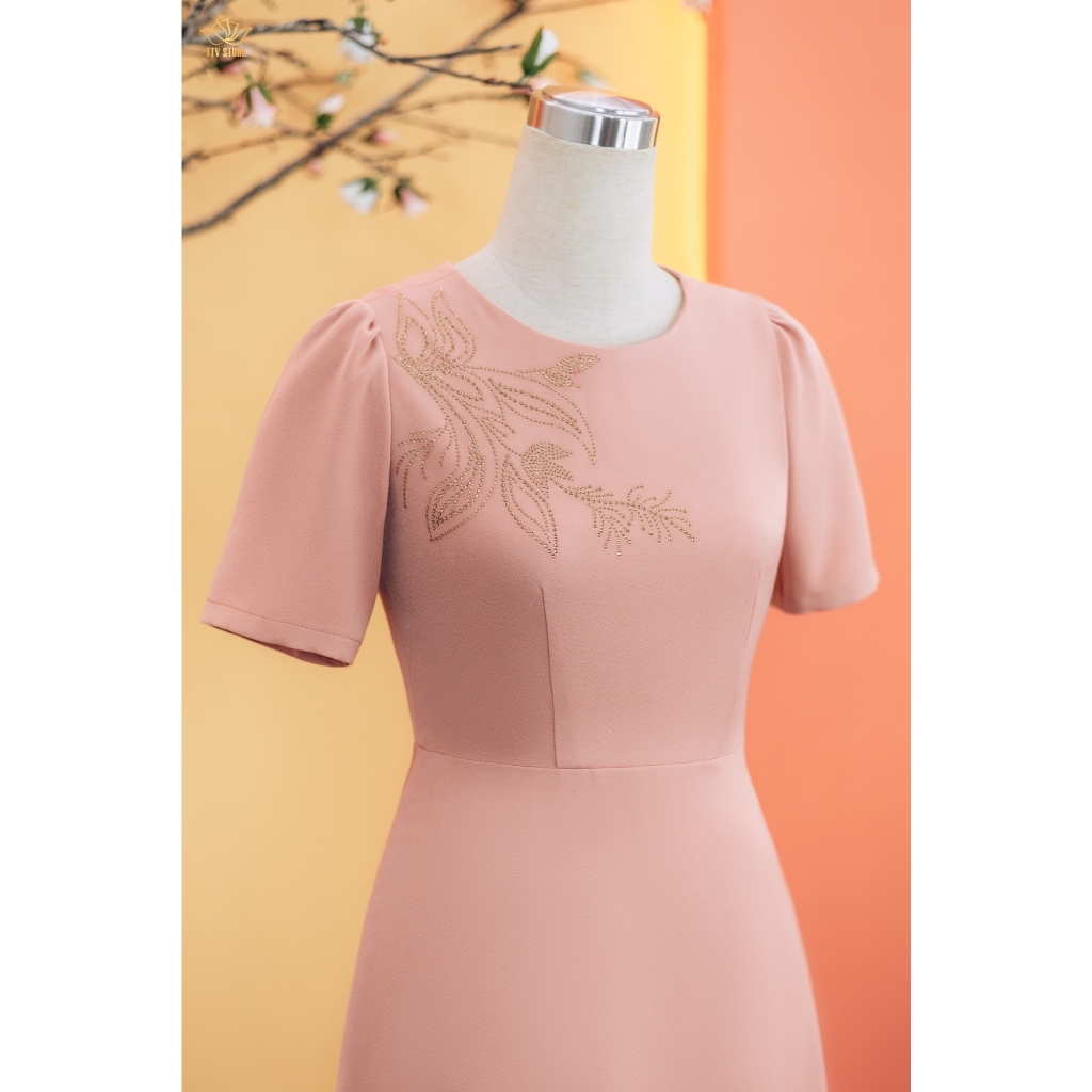 Ảnh Đầm xòe - Cổ tròn kết cườm tay ngắn - Màu Hồng ruốc - TTV Store thời trang nữ TTV1738 2