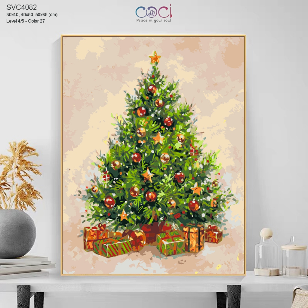 Tranh số hóa Giáng Sinh Cây Thông Noel tự tô màu theo số làm quà tặng COCI có khung kèm màu SVC4082