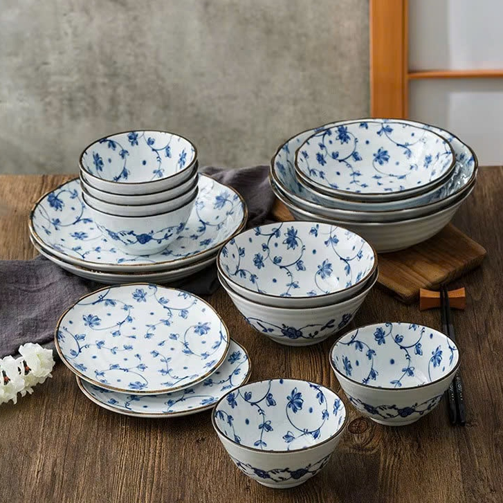 Ảnh Bộ bát đĩa sứ họa tiết hoa xanh viền nâu Nhật Bản | Sa Maison x MinoWare 1