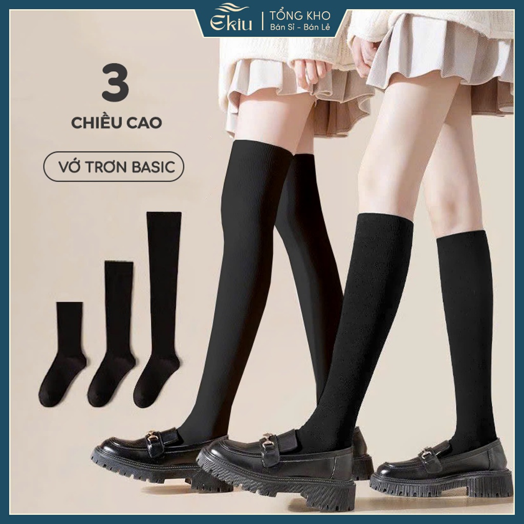 Tất vớ nữ màu đen 3 chiều cao phong cách basic loli, chất liệu cotton co giãn 4 chiều - Ekiu Shop