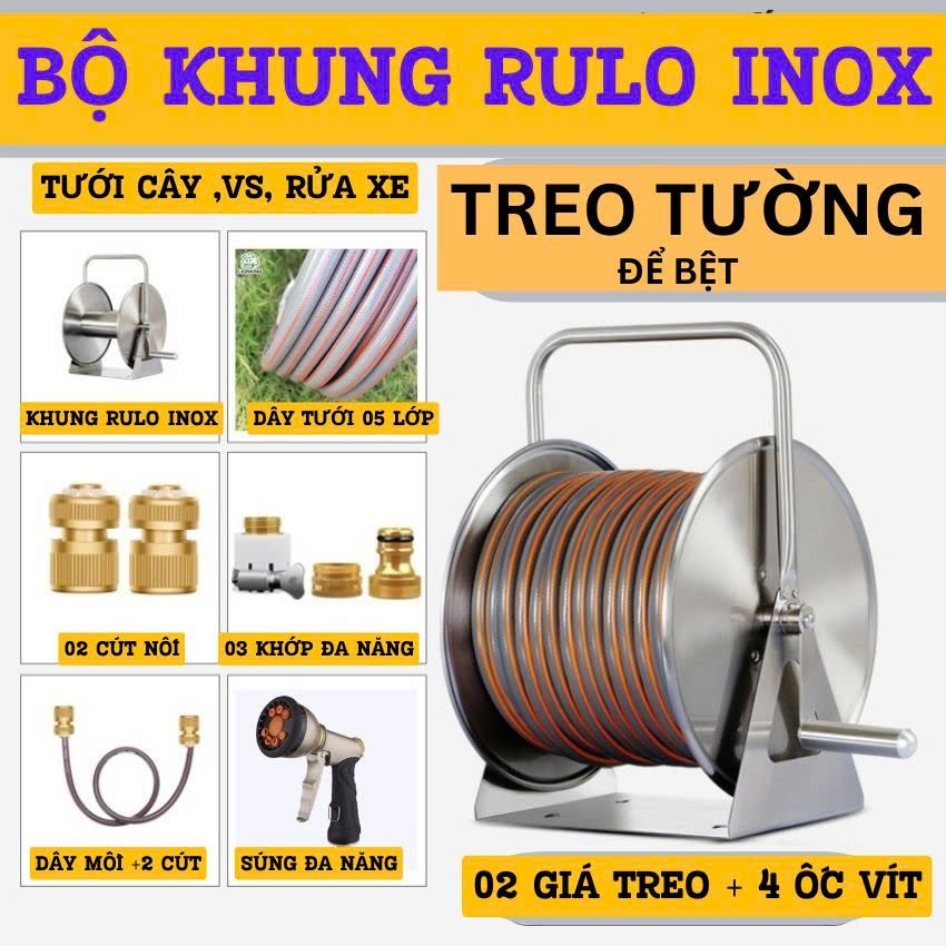 Bộ khung rulo INOX cuộn dây ống nước tưới cây, rửa xe, vệ sịnh TREO ...