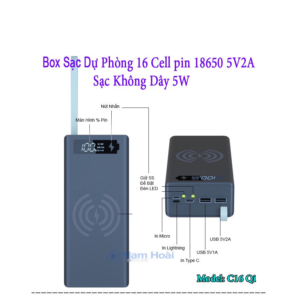 Box sạc dự phòng 16 cell C16 PD Qi sạc nhanh 22.5W và sạc không