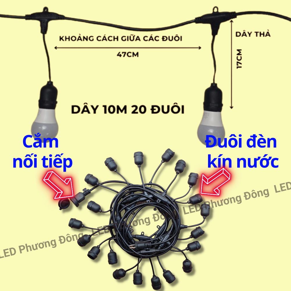 Dây đuôi đèn kín nước trang trí ngoài trời 220V